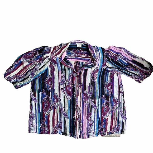 2/$18 SALE! Roamans Shirt Button Up Blouse Purple Plus Size Womens 22W Paisley - Picture 1 of 11